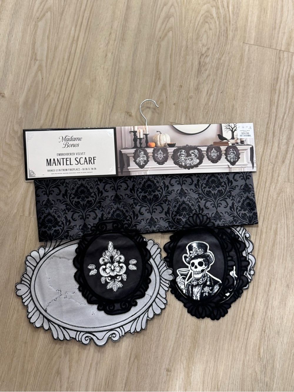 Black and White Embroidered Velvet Mantel Scarf
